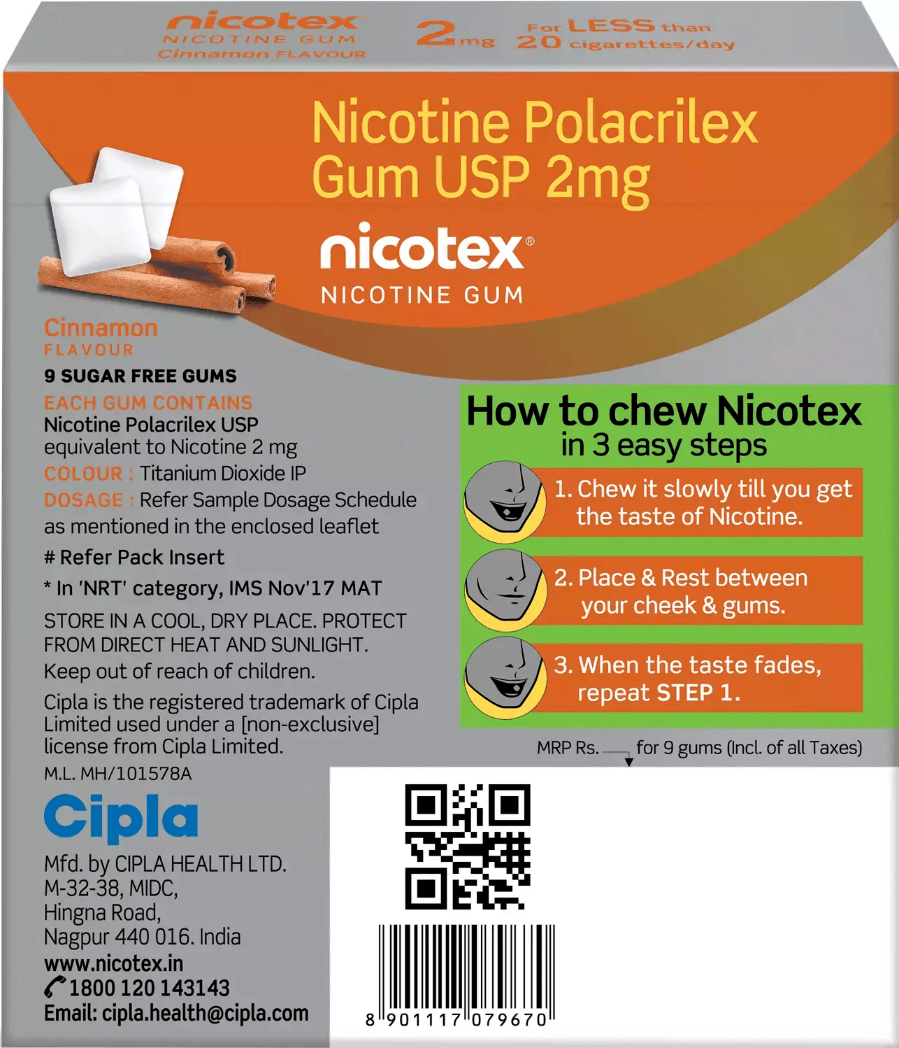 Nicotex gums, 2mg, Cinnamon - strip, 9 gums