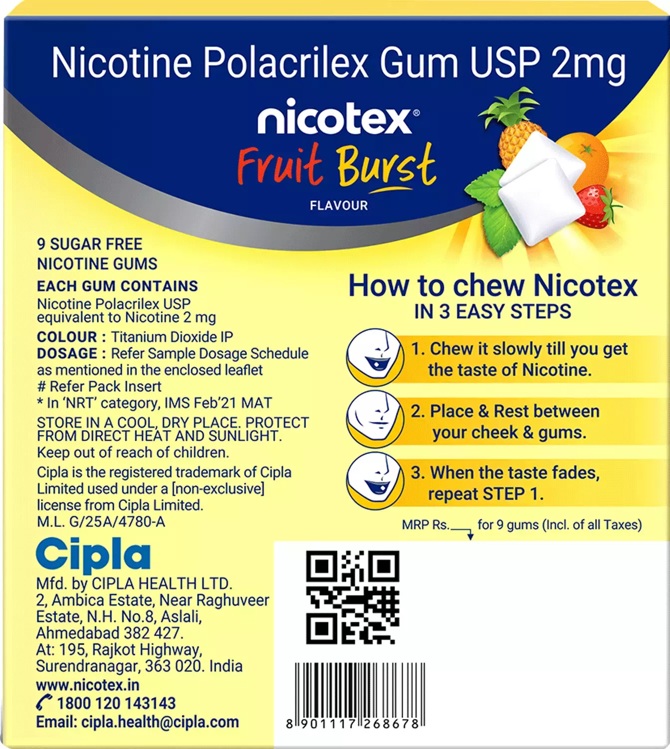 Nicotex gums, 2mg, Fruit Burst - strip, 9 gums